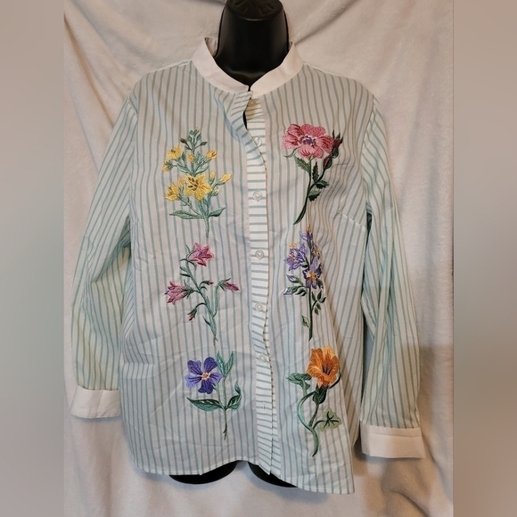 Bob Mackie Striped Blouse with Floral Embroidery - Picture 1 of 6